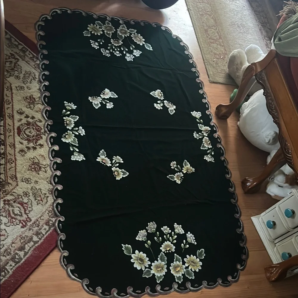 Vintage Hand-Painted Floral Hunter Green Velvet Tablecloth
